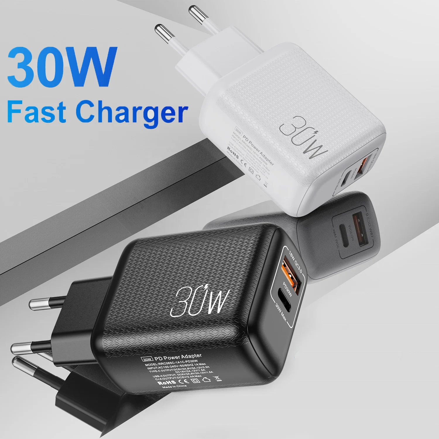 

USLION Drop Shipping 30W PD QC3.0 USB Type C Dual Port Fast Wall Charger Portable Mobile Phone Adapter For iPhone 13 12 11