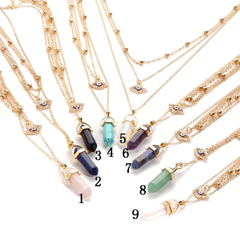 

Full Diamond Eye Pendant Hexagonal Necklace Eyes Fashion New Multi-layer Clavicle Chain Natural Stone Necklaces
