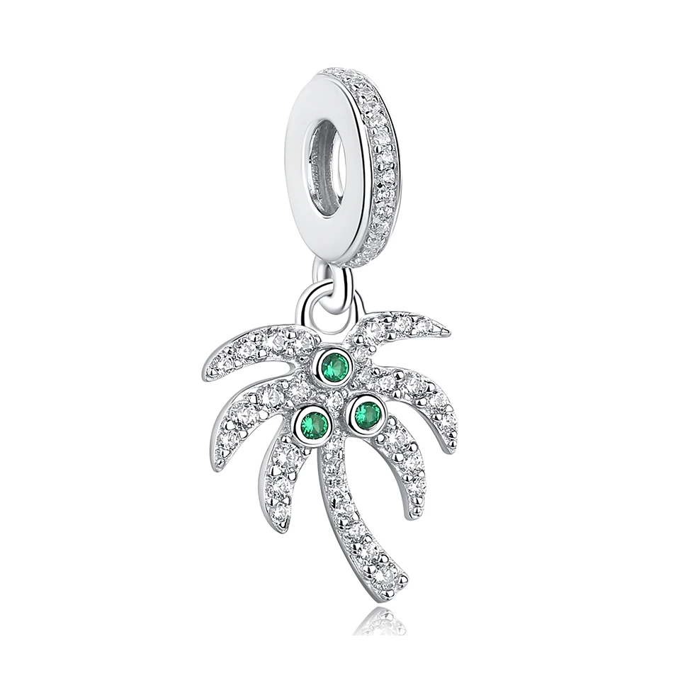 

925 Sterling Silver Coconut Tree Dangle Pendant Charm Cubic Zircon Charms Bead Fit Jewelry Making