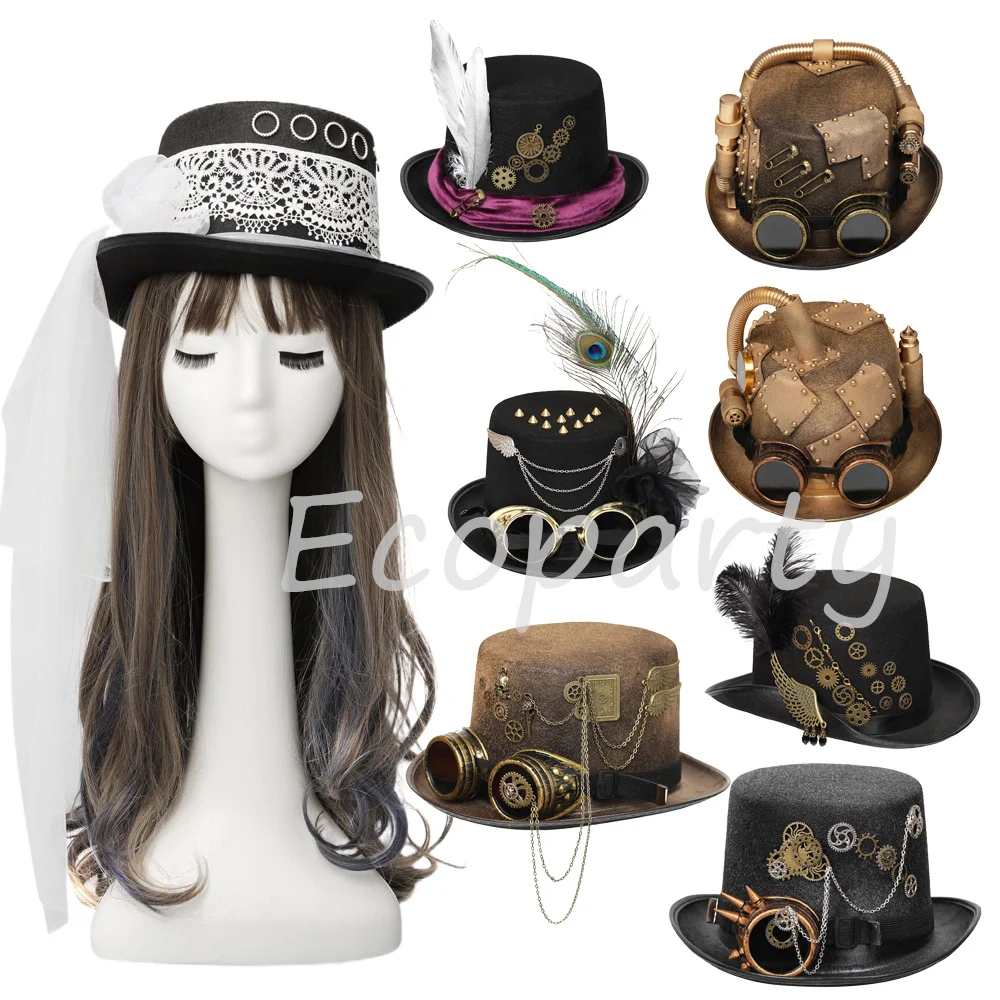 

Retro Style Steampunk Top Hat Metal  Unisex Gothic Rivet Wide Brim Head Wear Gears for Jazz Cosplay Fancy Dress Women
