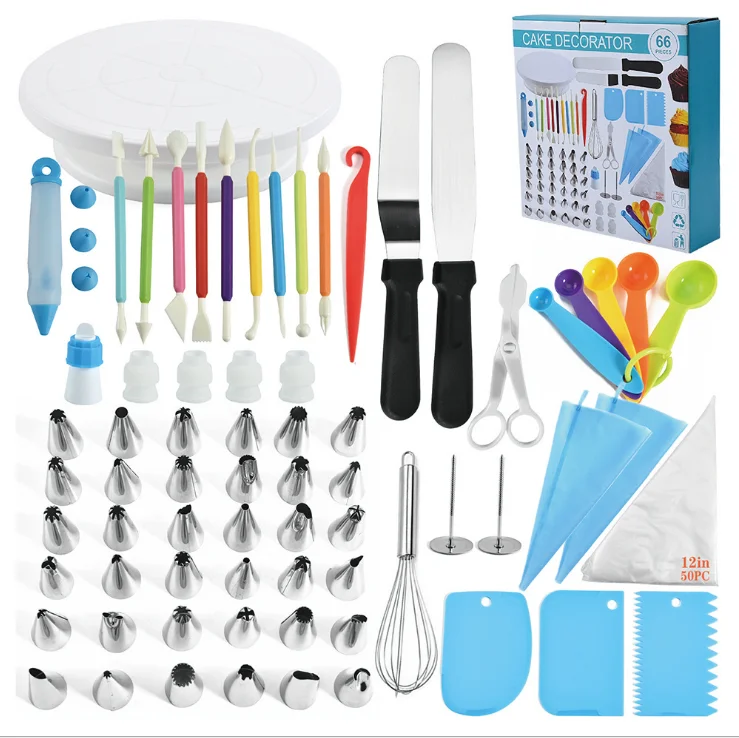 

Amazon hot Baking tools set 66pcs Cake decorating supplies kit with Cake Turntable 30 nozzle and Bags spatula set for beginner