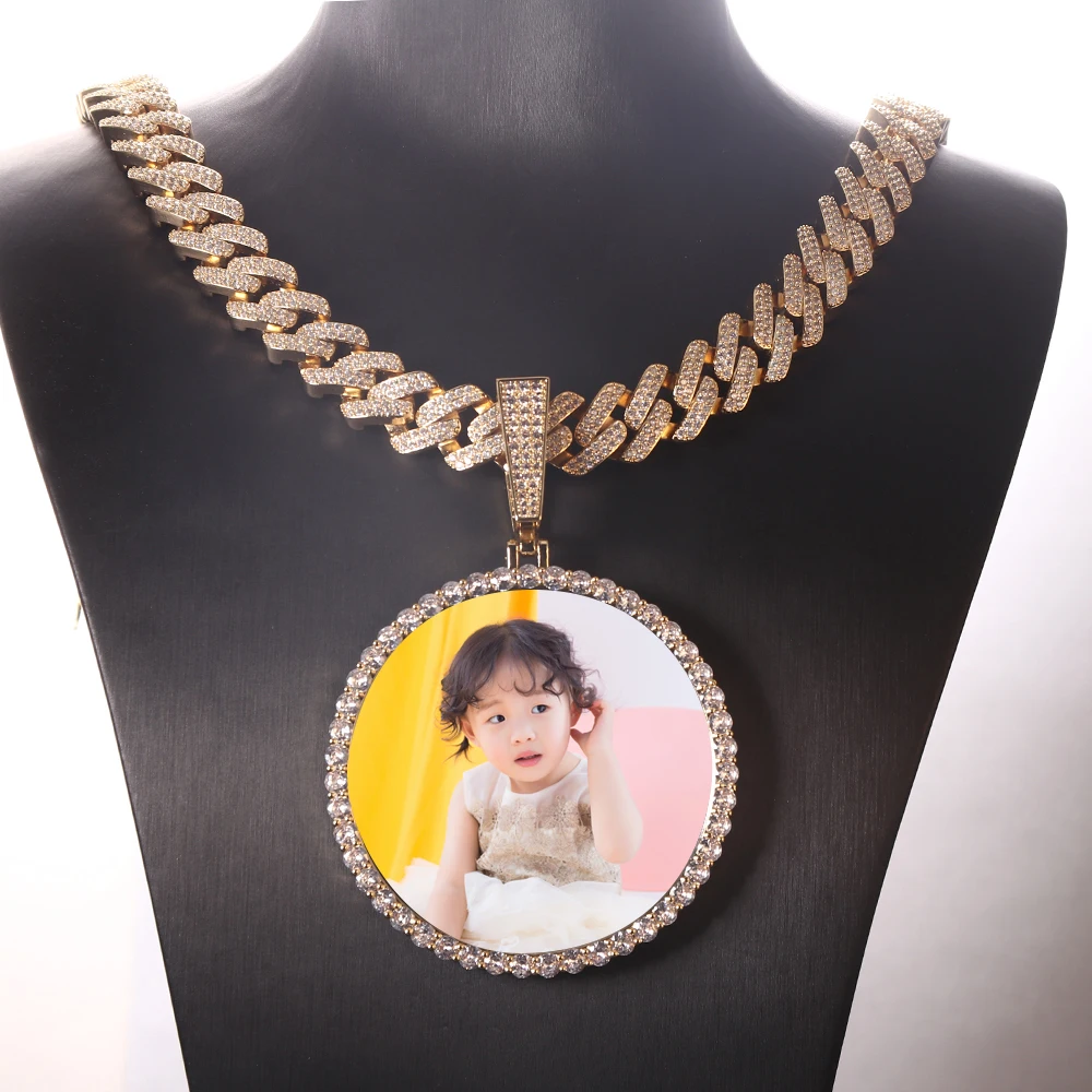 

Popular Jewelry Hip-hop XL Big Round Photo Pendant Gold And Silver Rose Gold ROPE CHAIN 14MM CUBAN Necklace