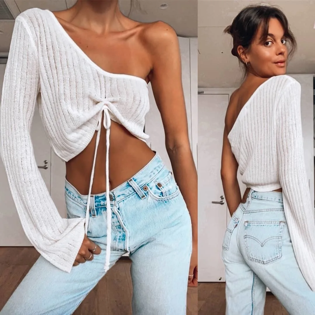 

2020 new arrivals summer styles off shoulder women knitted flare sleeve fashion ladies cami top tank top