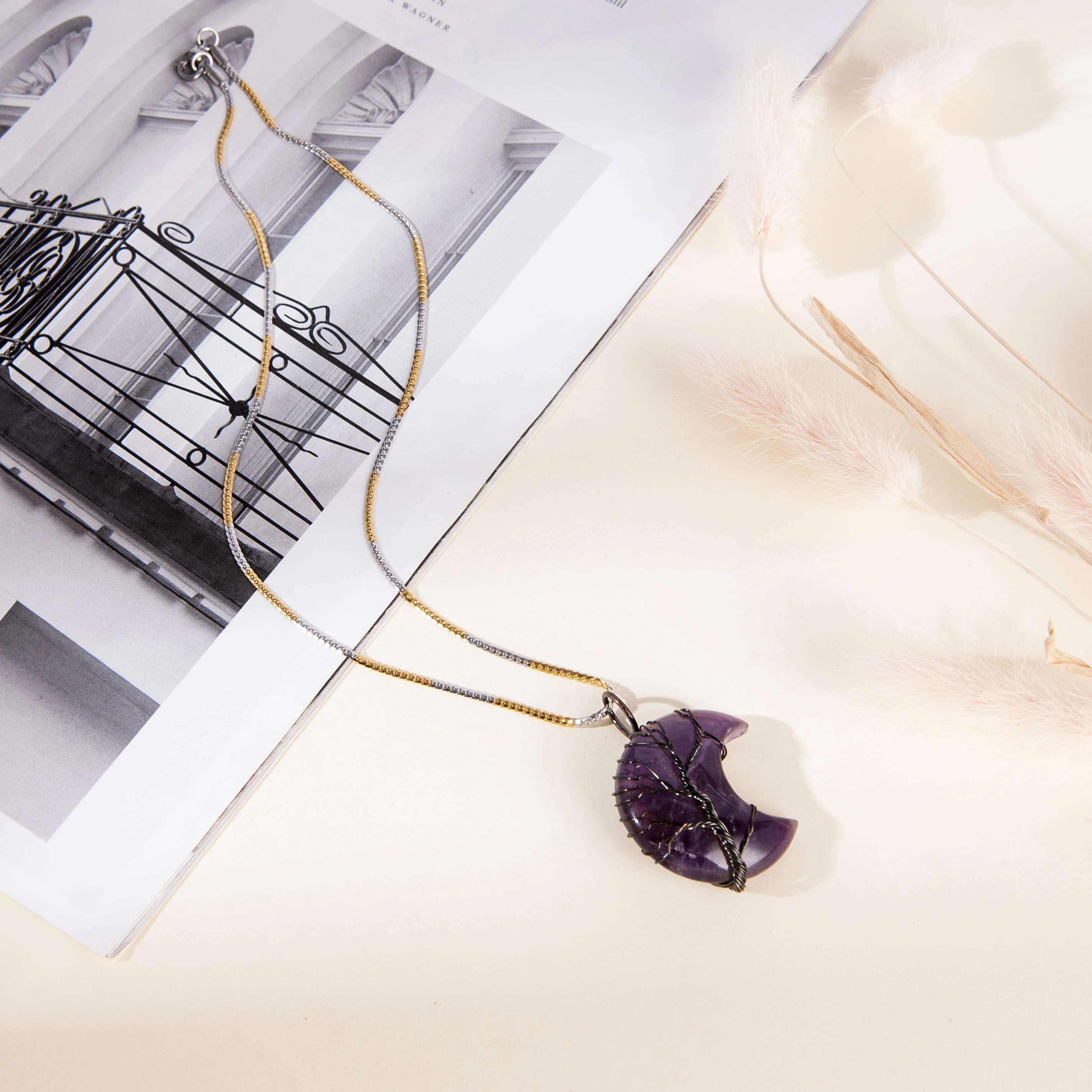 

Wholesale natural stone amethyst moon pendant stainless steel necklace