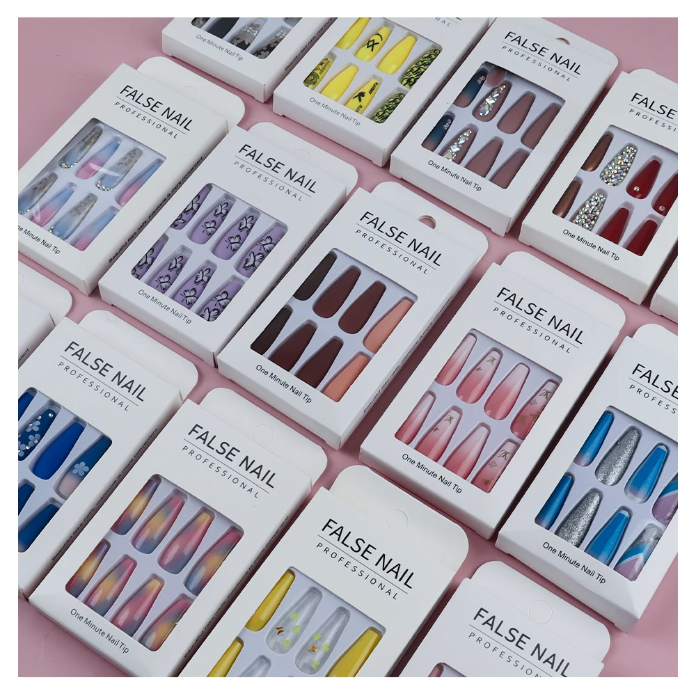 

Long coffin private label False Nails Glitter Marble luxury press on nails for beauty woman
