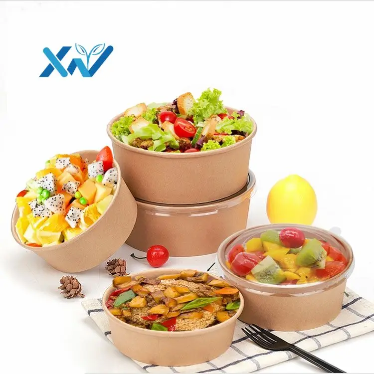 

Manufacturer customized logo printed kraft paper salad bowl with clear lid for food packaging from china factory