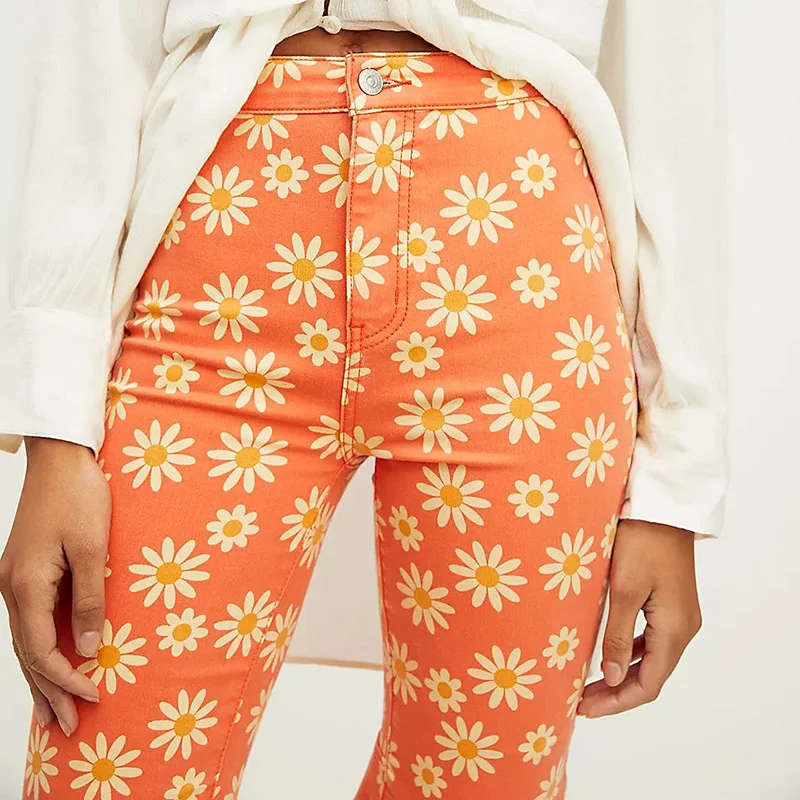 

Fall Loose Long Warm Long Trousers Women Casual Summer Floral Printed Leisure Pants Zip Off High Waist Vintage Flare Pants, Orange