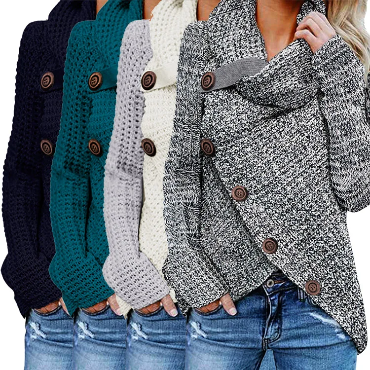 

Winter High Neck Plain Contrast Color Button Wrap Knit Long Turtleneck Women's Sweaters, Multiple colors to choose from