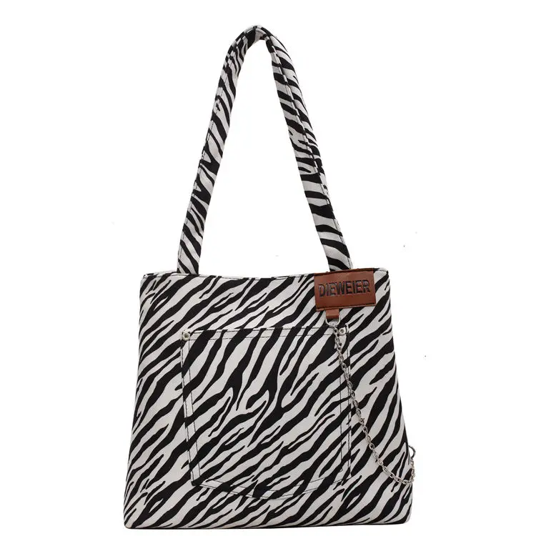 

2021 New Fall Handbags Suede Canvas Zebra Pattern Shoulder Bag Bolsa Feminina De Ombro Chain Decor Large Fancy Tote Bag