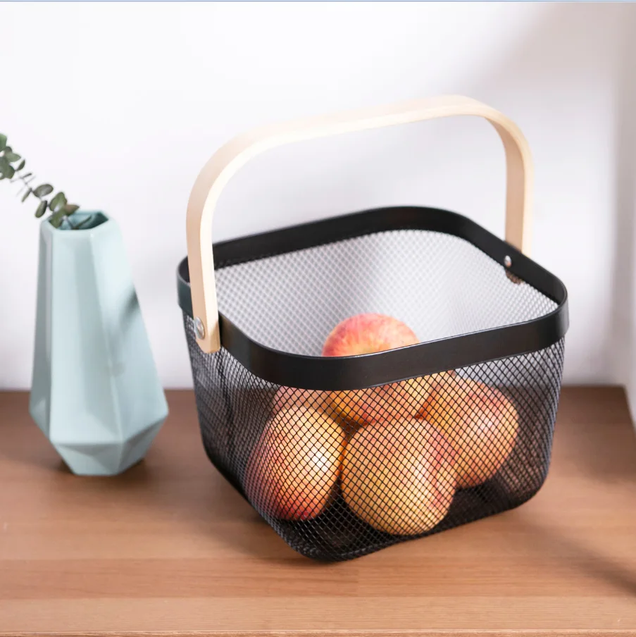 

Home Living steel mesh fruit storage basket wooden handle