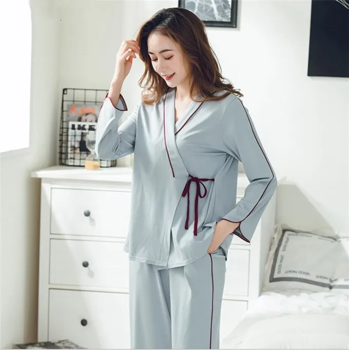 

Amazon bestseller hospital set long sleeve breastfeeding pregnant pajamas nursing pajamas pure cotton maternity pajamas, Blue