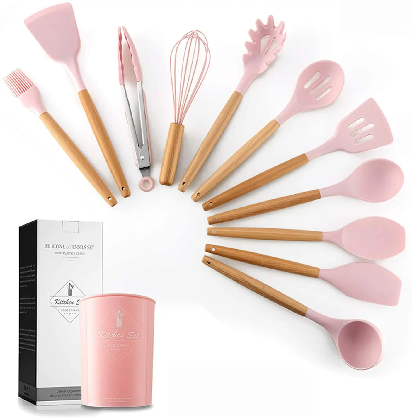 

12 Pcs Cheap Kitchenware Kitchen Tools Pink Silicone Utensil Kitchen Set With Wooden Handle And Holder, Customized color
