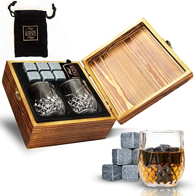 

Whiskey Stones and Glass Set Chilling Whisky Rocks /8 Granite with 2 Crystal Shot Glasses in Wooden Box Wine Unique Transparent