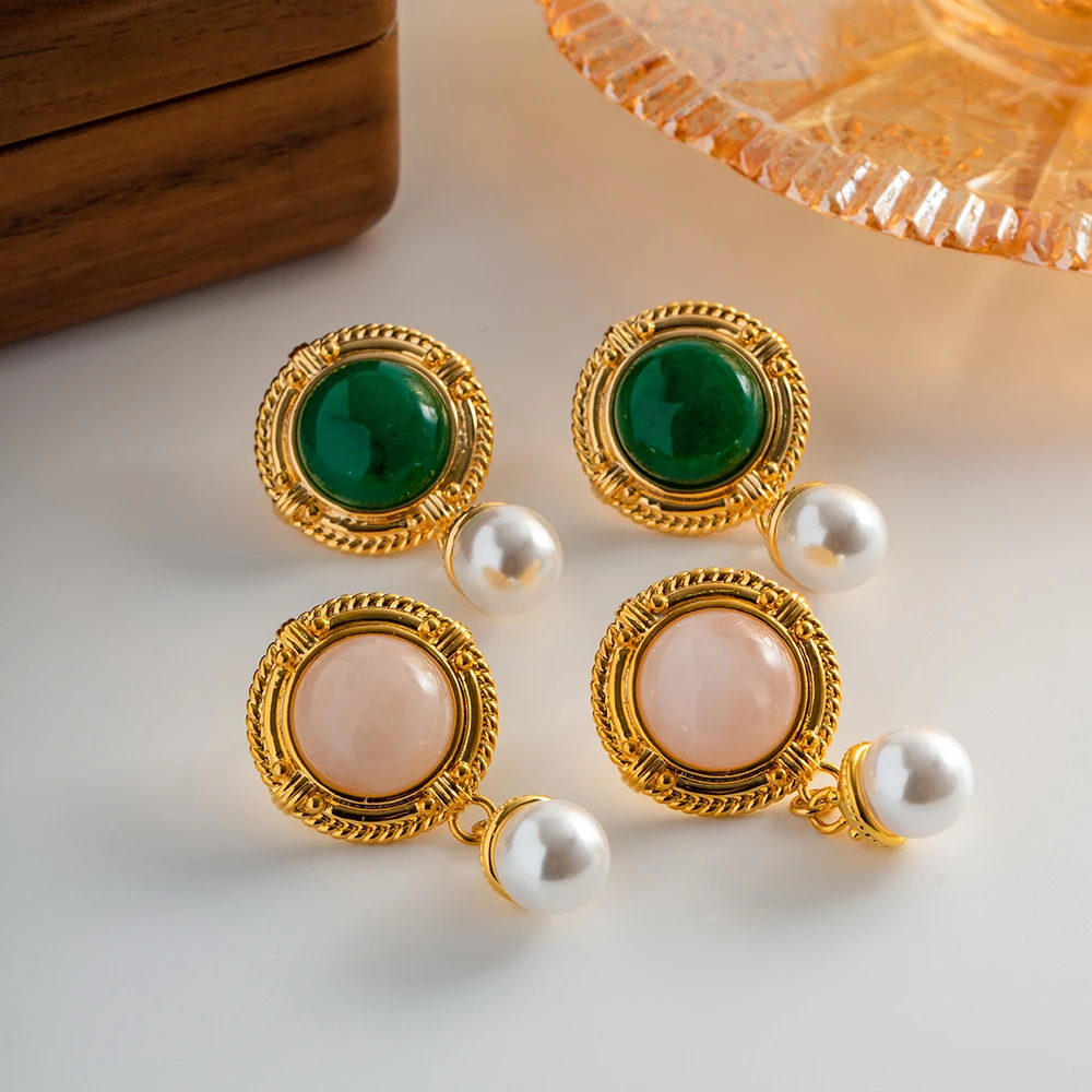 

Vintage Jewelry 18K Real Gold Plated Brass Round Pink Quartz Green Stone Pearl Earring for Girls