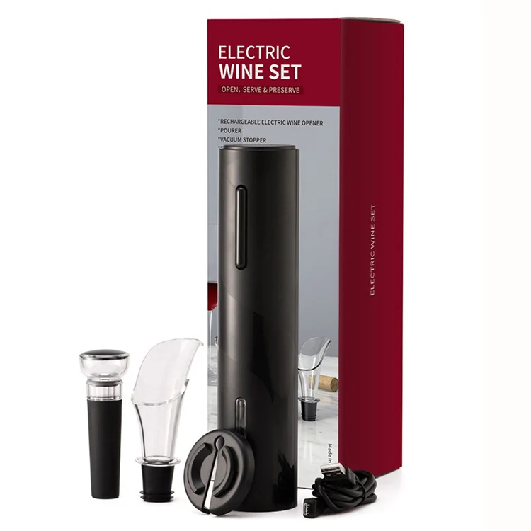 

4 In 1 USB Rechargeable Automatic USB Lighter Electric Wine Bottle Opener Set With Wine Saver Pump Aerator and Foil Cutter, Black
