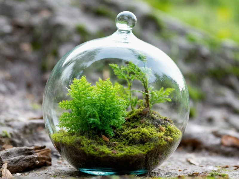 Recycled glass terrarium with moss and ferns