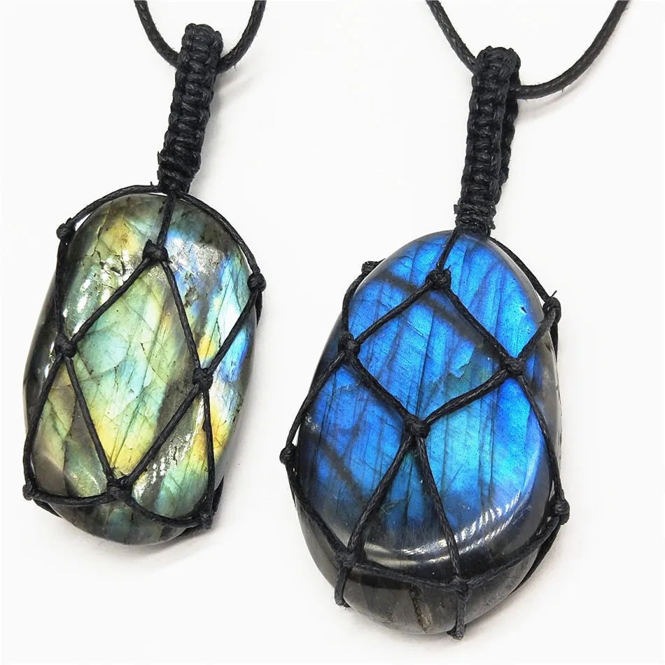 

Hot Selling Natural Stone Labradorite Gemstone Pendant Braided Cotton Adjustable Necklace Women