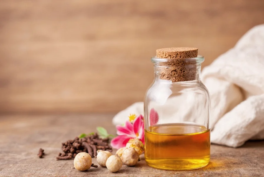 Straining homemade clove oil through cheesecloth into storage bottle