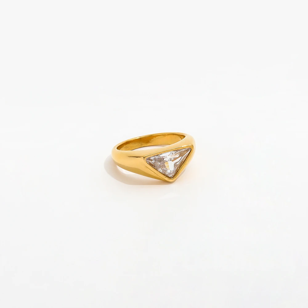Joolim Jewelry Wholesale 18K Gold Plated Chunky Triangle Big Zirconia Stainless Steel Rings for Women Dainty Rings