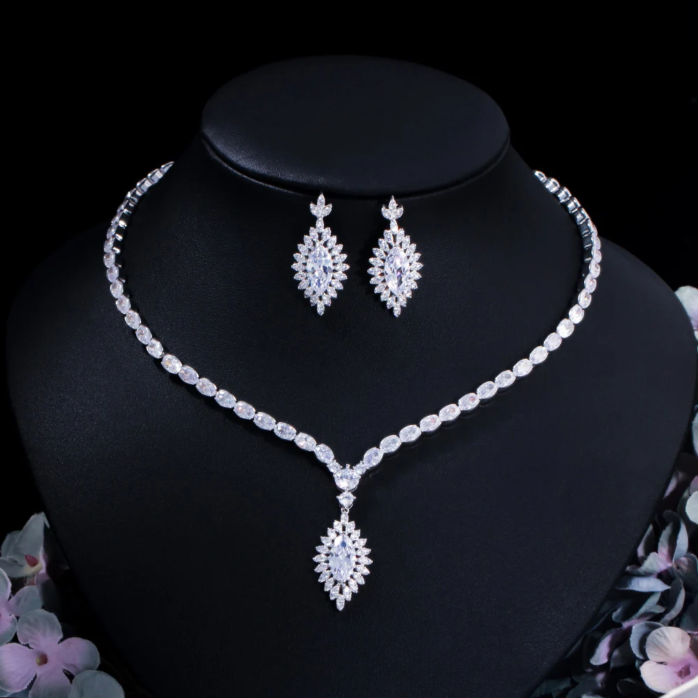 Shiny African Dubai Cubic Zirconia Bridal Wedding Necklace Earrings Luxury Jewelry Sets for Brides Dress Accessories