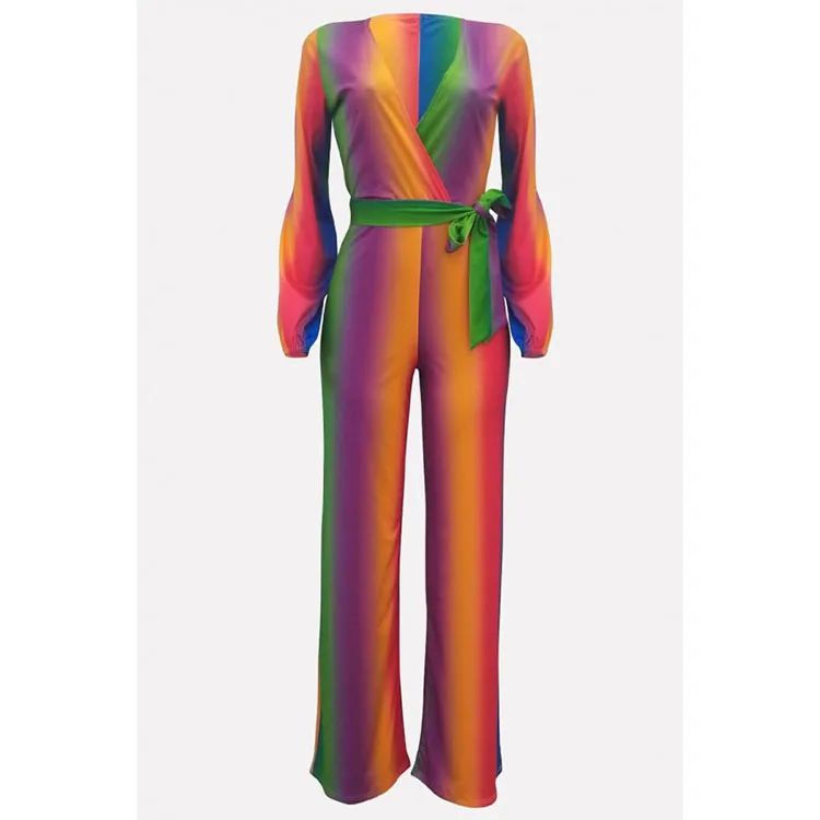 

Custom Multi Ombre Reflective Tied V Neck Long Sleeve Casual Jumpsuit, Customized color