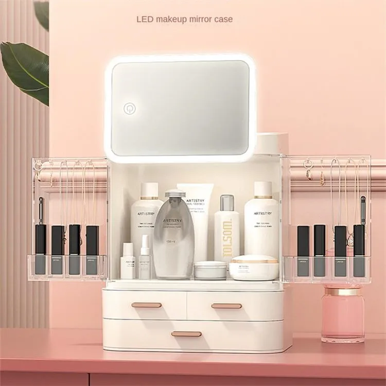 

Dressing Table Storage Boxes 2020 ABS Makeup Organizer With Mirror Led Light, Pink, white