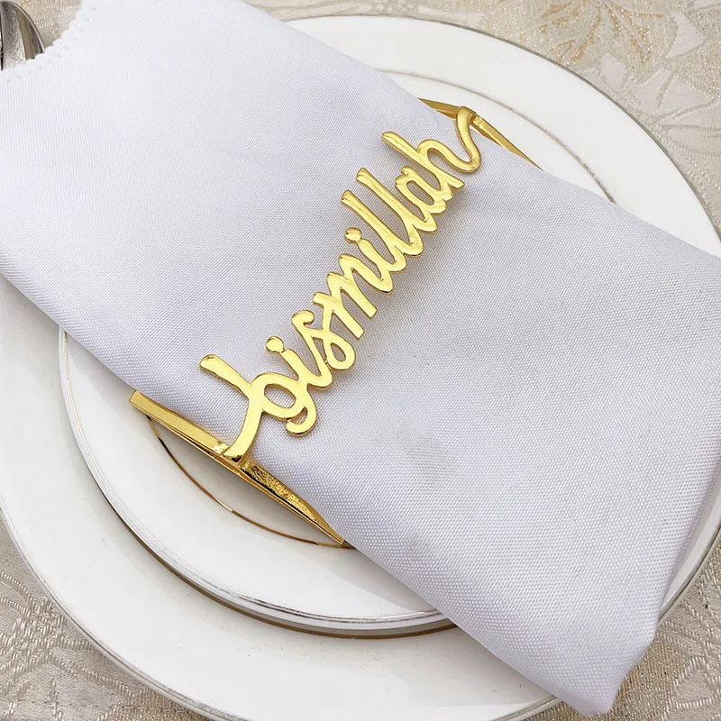 

Big Size Letter Bismillah Metal Gold Napkin Ring for Ramadan Muslim Wedding Banquet Prayer Family Gathering HWM88
