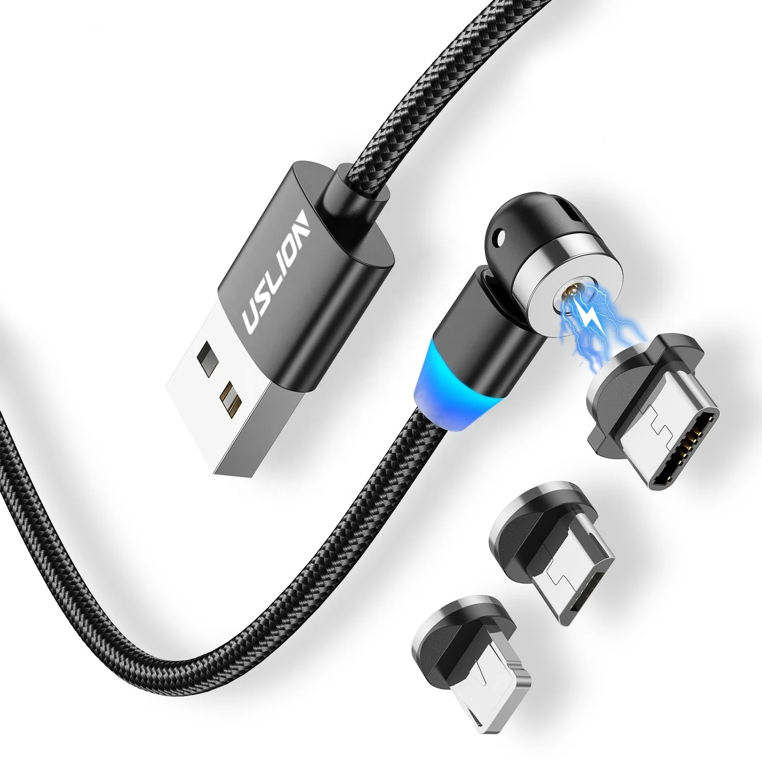 

USLION 2021 New Design Wholesale On Stock 540 Degree Micro Type C Magnetic USB Charging Cable usb cable braided, Black/red/silver/purple