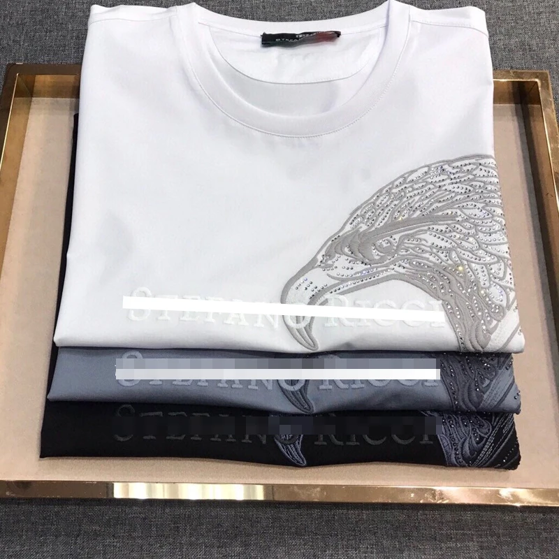 

High Quality Embroidery 100% Cotton Luxury Graphics Rhinestone White T Shirt Men