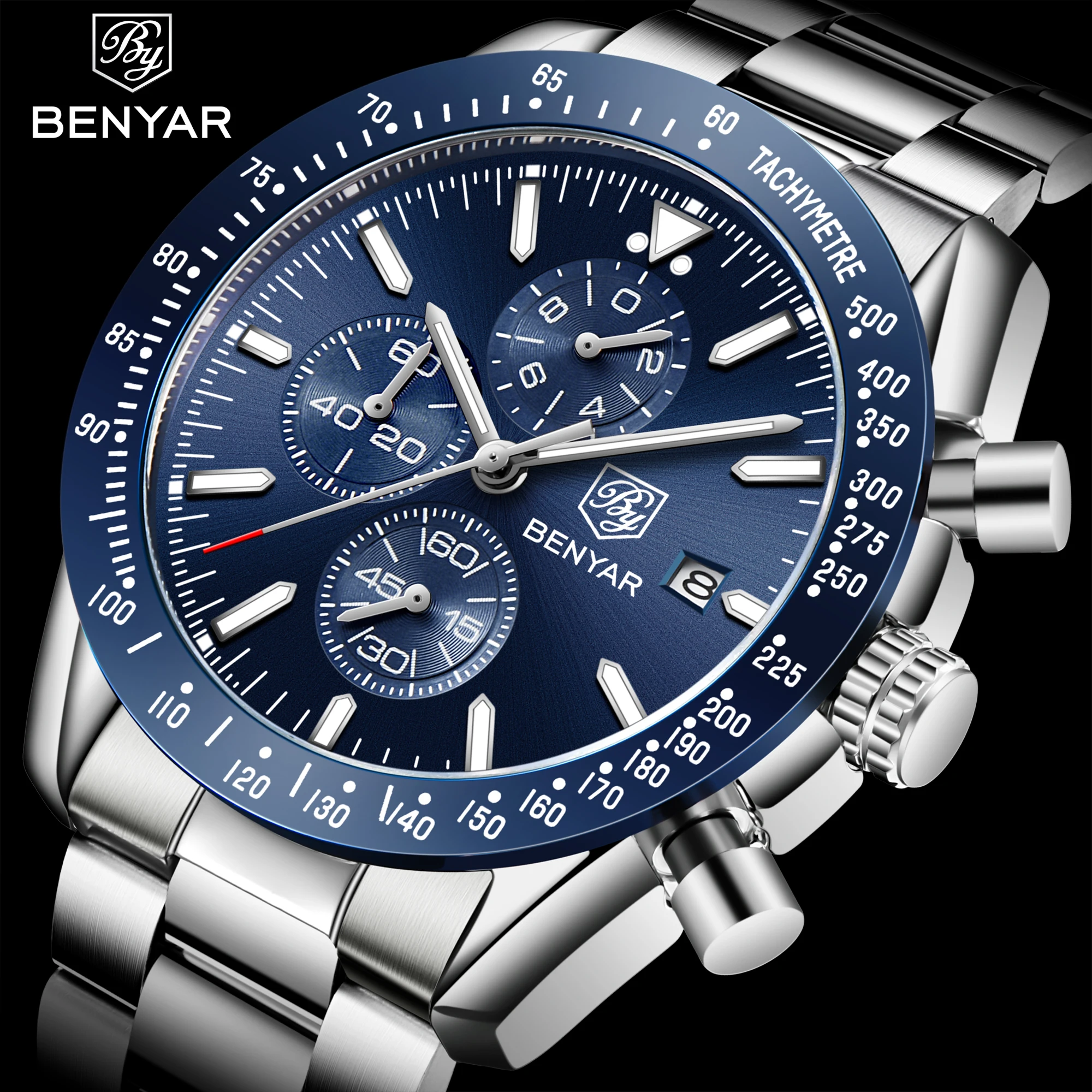 

Benyar 5140M luxury silver man quartz watch futuristic Stainless steel band 3 dials chronometer Simple business wrist watch
