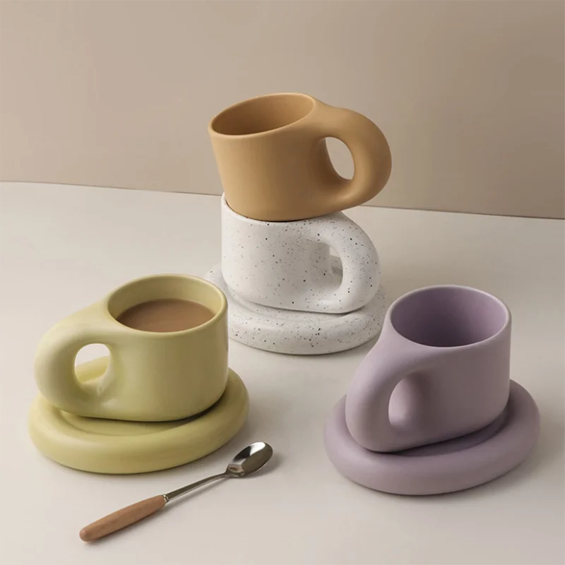 

Wholesale 300ml Nordic Style Ceramic Fat Mugs Creative Novelty Cup And Saucer Coffee Mug With Big Handle Gift Set, Customized color acceptable