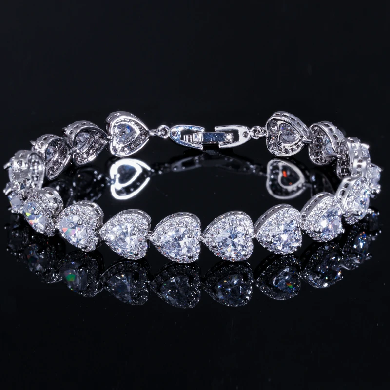 Luxuries Women Jewelry Silver Plated Colorful Cubic Zircon Crystal Wedding Party Heart Tennis Bracelet