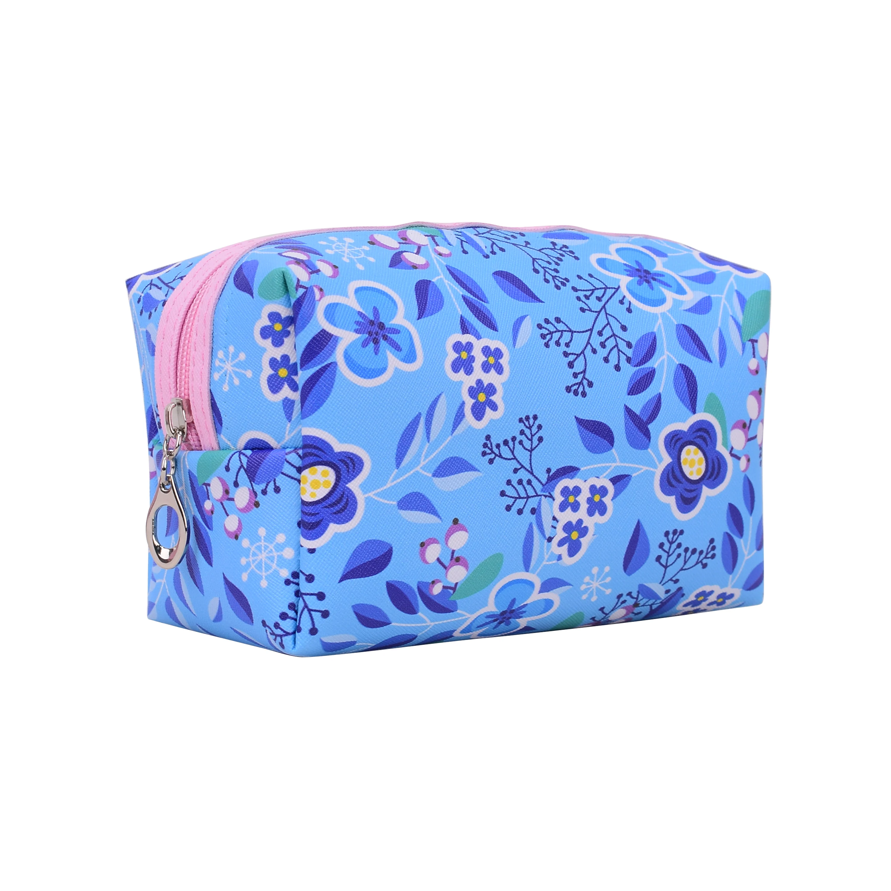 

Folding Makeup Kit Pouch Pink Floral Printed Zipper Cosmetic Flower PU Makeup Bag, Assorted