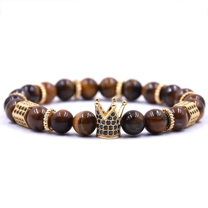 

Fashionable Natural Stone Bead King Crown Bracelet Copper Micro Pava CZ Gold Charm Men Bracelet, As picture show