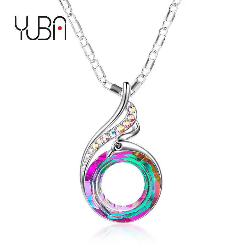 

wholesale beauty crystal pendant jewelry rhodium plated peacock colorful fashion design chain necklace for women