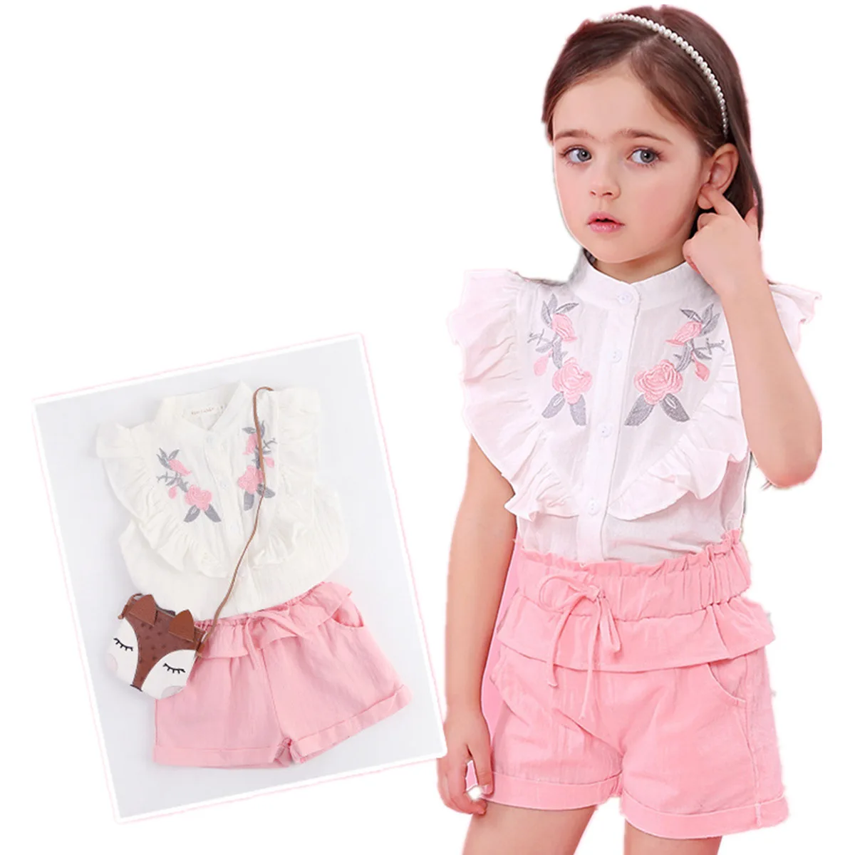 

Breathable Flora Shorts 2pcs Child Clothing Kids Factory Price Clothes Girls Clothes T-shirts Suit, As picture