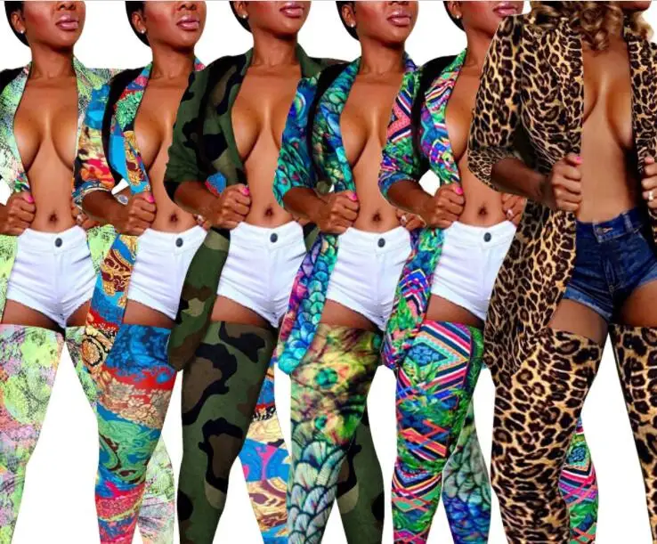 Women's Printed Flower Colour Suit Socks Sets Fashion jacket Coat 2019 Outwear overalls Blazer Pants Set