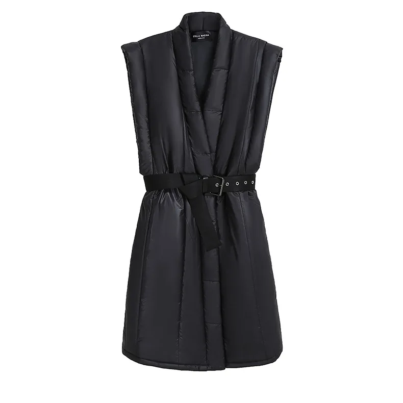 

2021 Autumn and Winter Fashionable Sleeveless With Belt Long Vest Cotton Facket Coat, Black