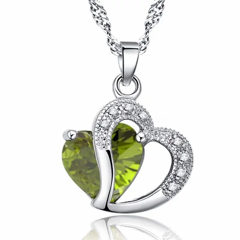 

Hot Sell Love Heart Silver Pendant Necklace Green Pink White Color Cz