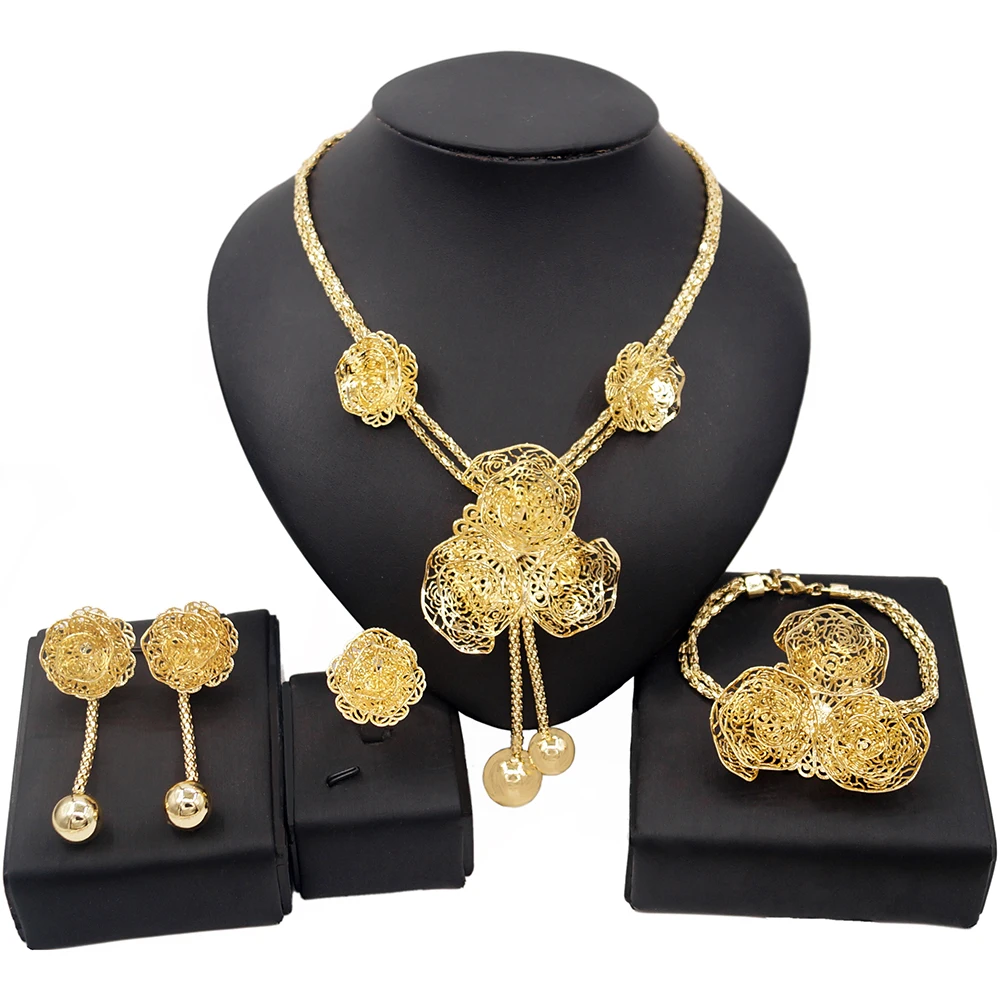 

Yulaili Brazilian Gold Hollow Out Flower Women's Jewellery Sets Beautiful And Noble Drop Earrings Wholesale Fashion Jewelry Set