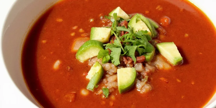 Final pot of pozole rojo simmering on the stove.