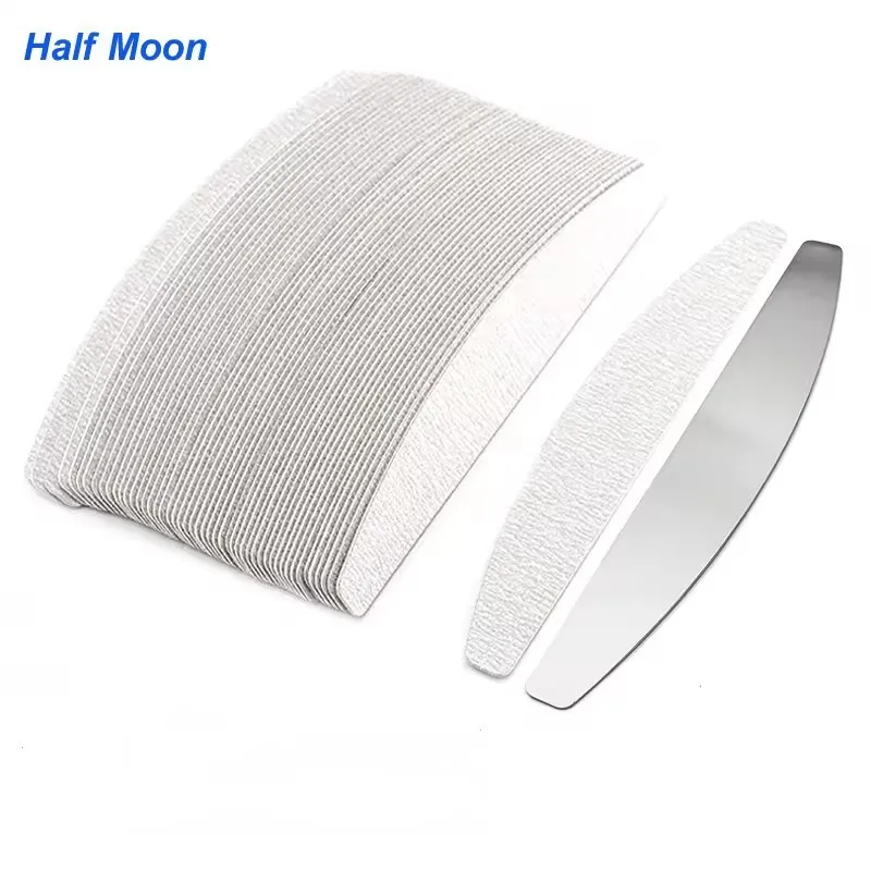 Half Moon Removable Sandpaper Nail File With Steel Handle 80/100/180/240 Metal Replacement Files Pads Disposable Manicure