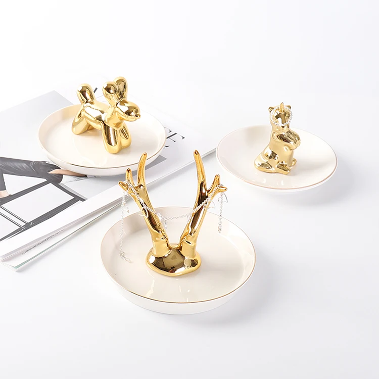 

In Stock Golden Animal Wedding decorative custom ring trinket tray white ceramic trinket dish