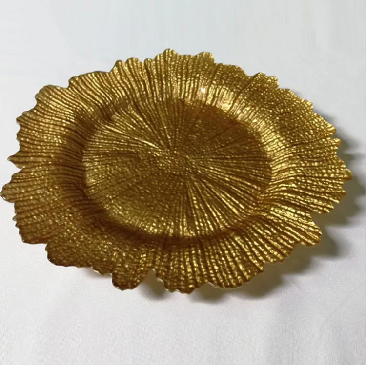 

Cheap wholesale fancy reef gold colored glass wedding charger plates for restaurant, Gold,red