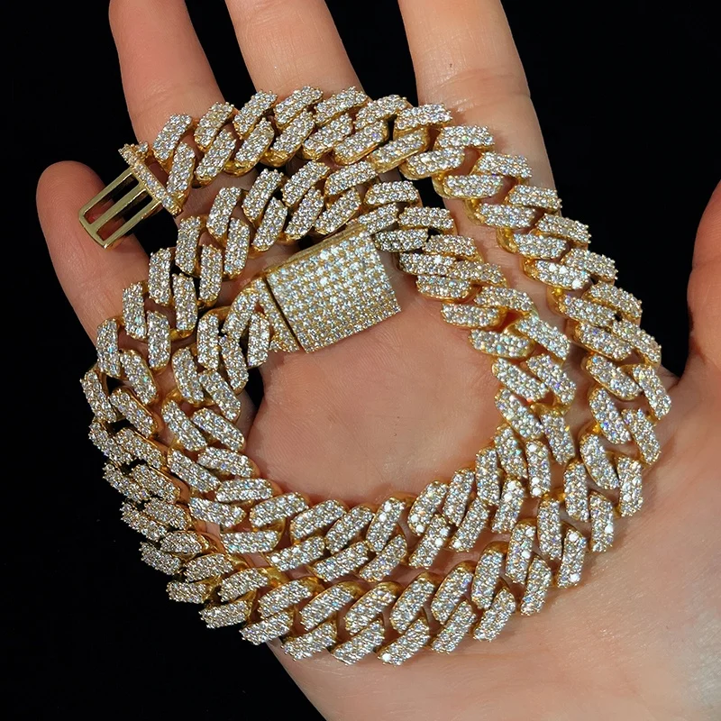 

iced out hip hop solid14k yellow gold miami cuban link moissanite chain