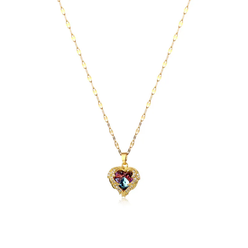 

JUHU 2021 New Ocean Heart Necklace Love Color Crystal Pendant 18k Gold Titanium Steel Necklace