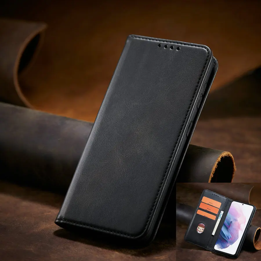 

Magnetic PU Leather Case + 3 Cards Magnetic Wallet Compatible with Stand Business Book Mobile Phone Case for Samsung Galaxy S21, Black brown red blue coffee pink