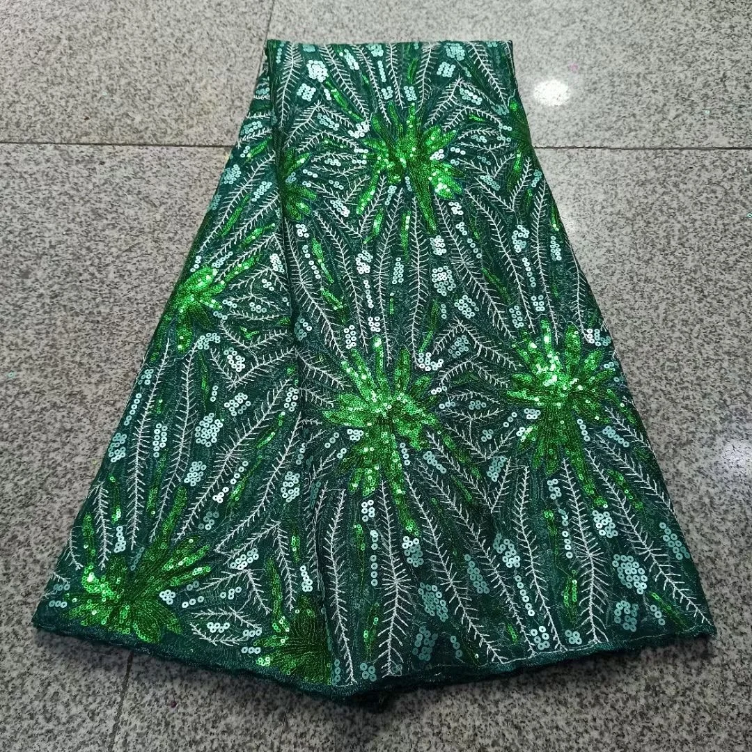 

High end women dress green embroidered sequin fabric lace, Accept customized color