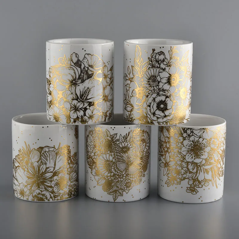 white ceramic candle jars with gold printing for Christmas