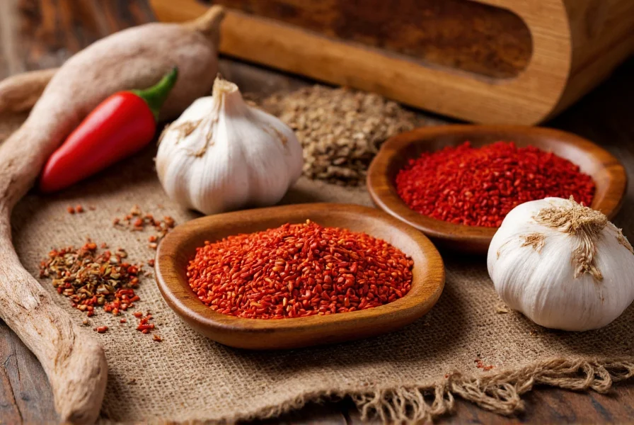 Traditional Spanish cooking ingredients including comino seeds, paprika, and garlic